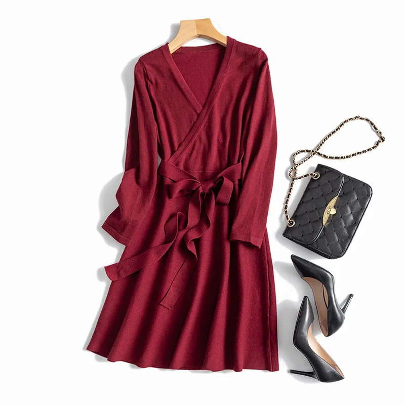 

Женское трикотажное платье средней длины, шерстяное ТРАПЕЦИЕВИДНОЕ ПЛАТЬЕ С V-образным вырезом и тонкой талией, Осень-зима