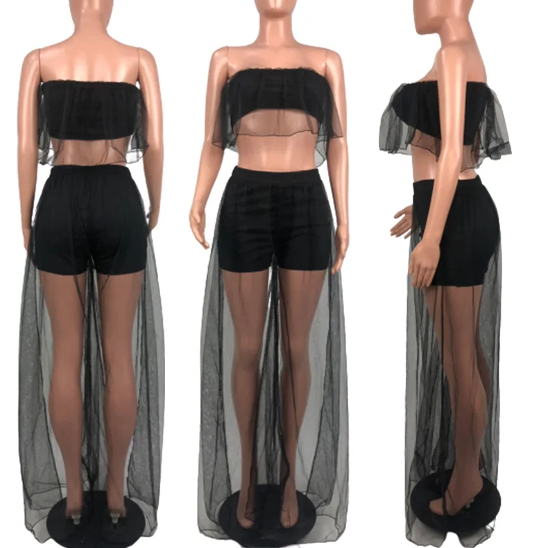 

2020 Autumn Lady Sexy Nightclub Two Piece Sets Female Solid Mesh Patchwork Strapless Crop Tops High Waist See Through Skirts Set