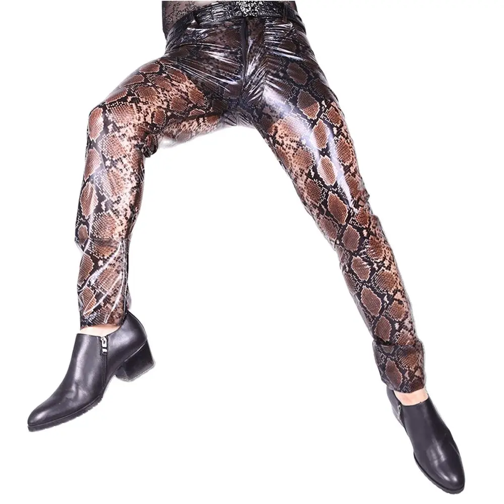 

Plus Size Snake Print Thin Transparent PU Leather Pants Men Sexy Pantalon Hombre Streetwear Pantaloni Uomo Pencil Pant Clubwear