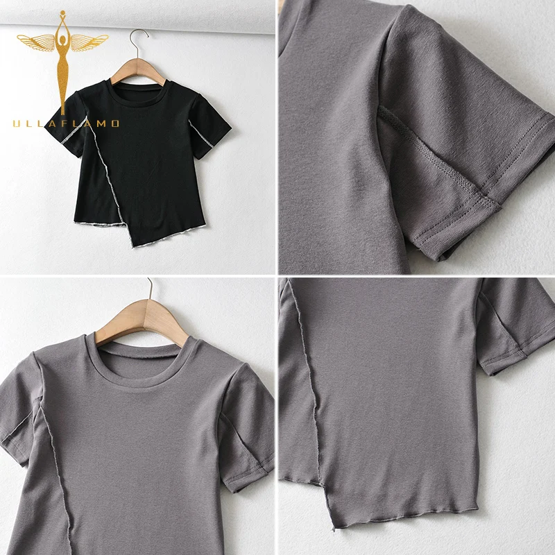 

Streetwear Crop Top O-Neck Short Sleeve T-Tops Women's Clothing Irregular Hem Patchwork Tee-Shirts Female Short Tshirts Casual