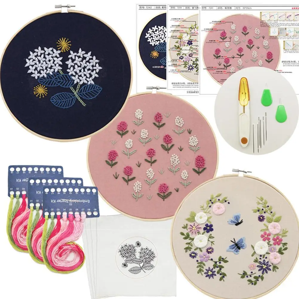 

3Sets Embroidery Starter Kit with Pattern and Instructions,Cross Stitch Kit Include 3 Embroidery Hoops,Color Threads and Tools