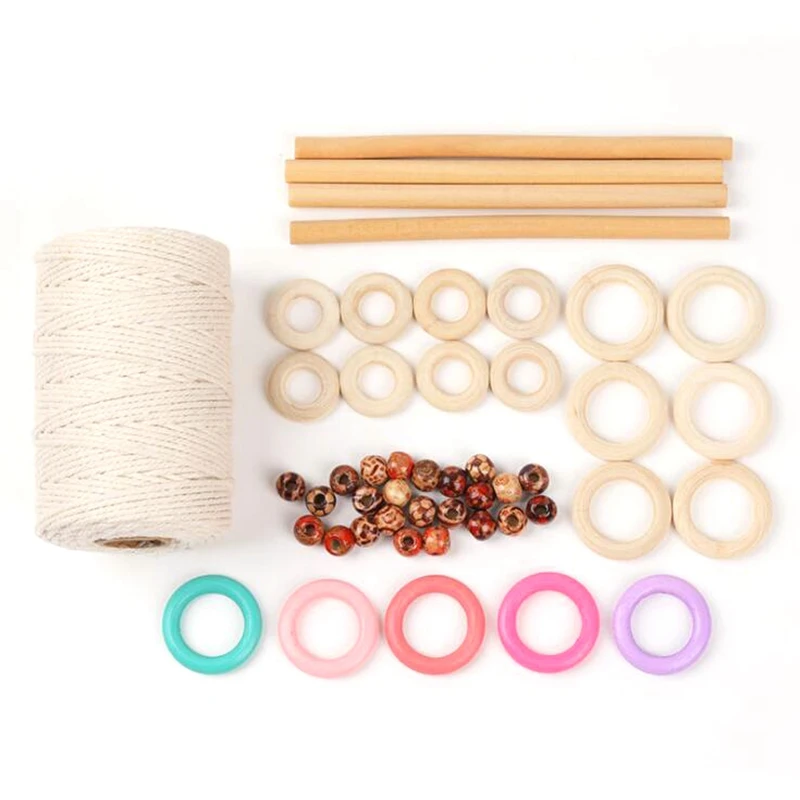 

3mm Cotton Rope with 100Pcs Wood Beads 35Pcs Wood Ring and 4Pcs Wooden Stick for Crafts,DIY Plant Hangers 140Pcs Totally