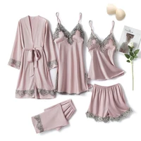 pink women rayon 5pcs robe gown sets sexy lace floral trim bride dressing sleep suit loose lingerie pajamas set kimono nightgown