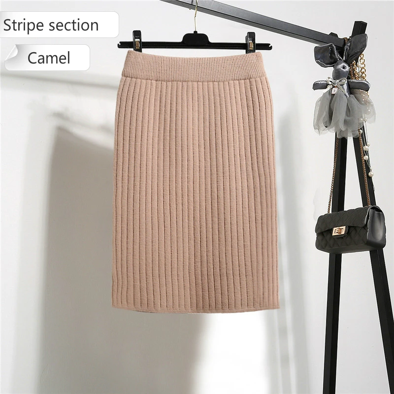 Camel stripe Осенняя и зимняя юбка средней длины с высокой талией, облегающая нижняя часть, открытая бедра и вязанная одношаговая юбка, Женская юбка-бандаж - Цвет: Camel stripe