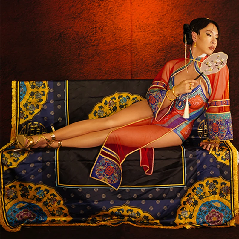 Костюм для танцев в китайском стиле женский сексуальный прозрачный костюм