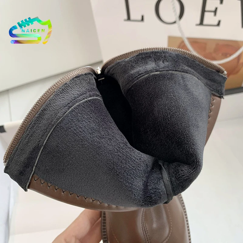 

NAICEN Elegant Women Thigh High Long Flat Boots Warm Fur Low Heels Knee High Boots Soft Leather Square Toe Boots Party Shoe
