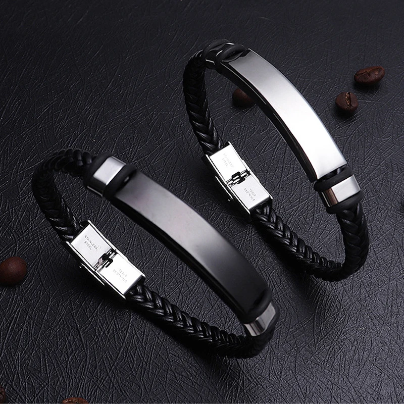 Мужской кожаный браслет с оплеткой из нержавеющей стали|Браслеты-манжеты| |