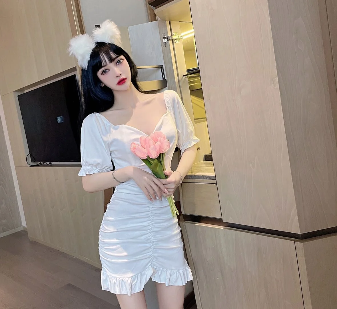 

Однотонная юбка с оборками на бедрах, облегающая юбка на шнуровке, обтягивающее платье во французском стиле для женщин