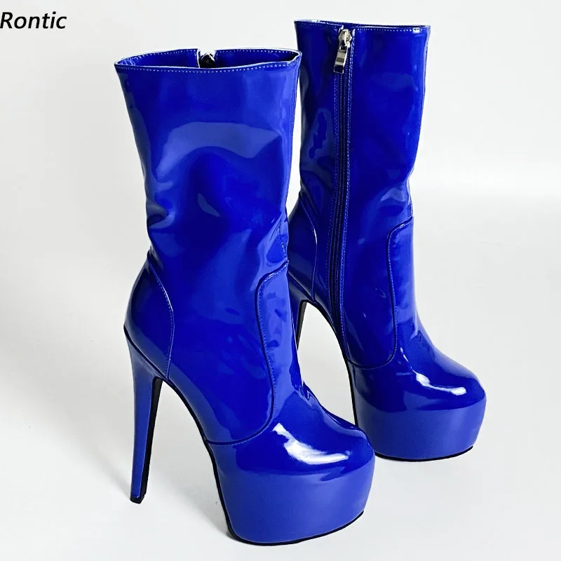 

Женские ботильоны на платформе Rontic, синие лакированные ботинки из лакированной кожи на шпильке с боковой молнией и круглым носком, обувь дл...