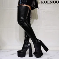 kolnoo new handmade women chunky heel thigh high boots sexy platform party prom over knee boots evening xmas fashion black shoes