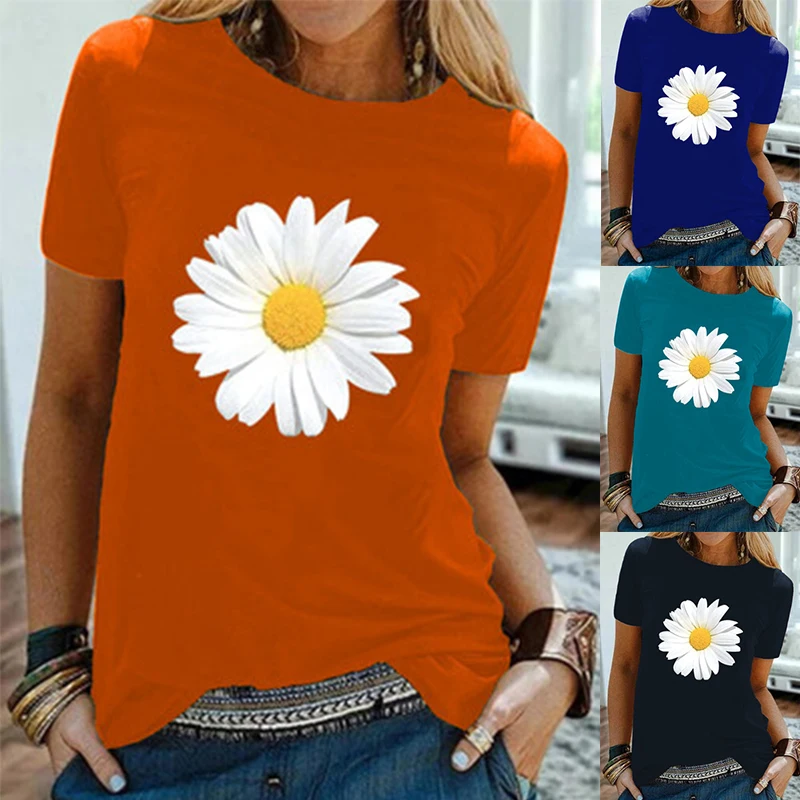 

Cyber summer tops women 2021 fashion casual round neck white chrysanthemum cartoon short sleeve T-shirt female y2k clothes
