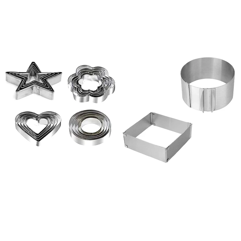 

1 Set Heart, Star, Round, Flower Shapes Cookie Biscuit Cutter & 2 Pcs 6-12 Inch Mousse Ring Round+Square Mousse Mold