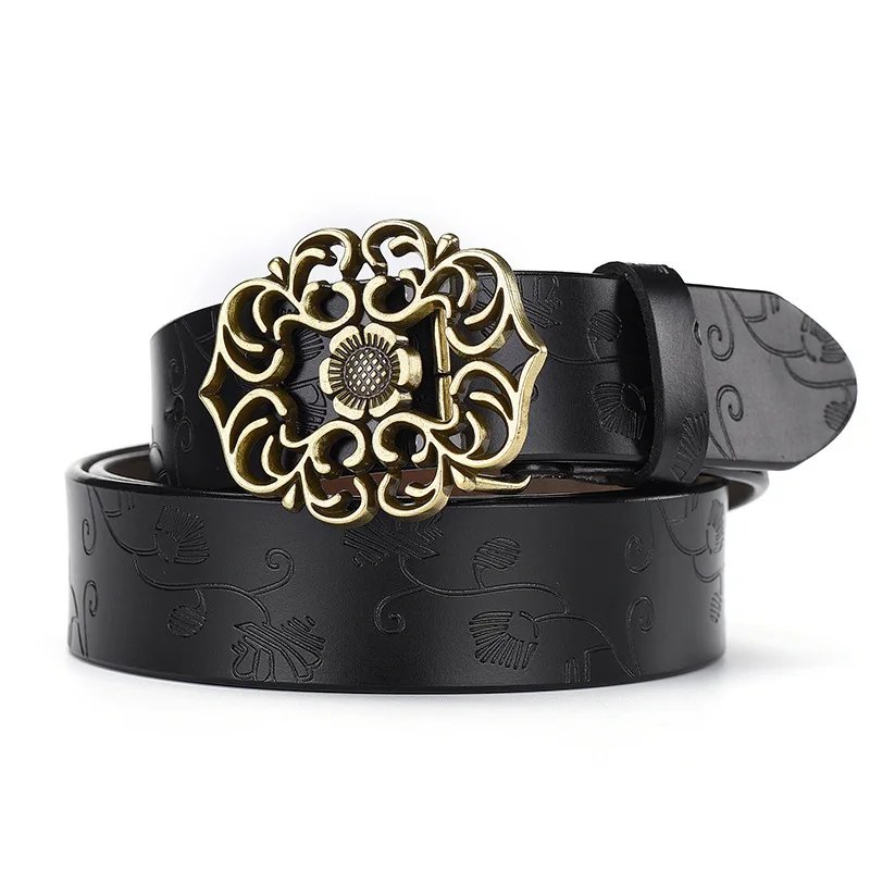 

Carved Women's Genuine Leather Belt Fashion Decorative Flower-shaped Alloy Buckle Female Personalized For Jeans Pants Waistband