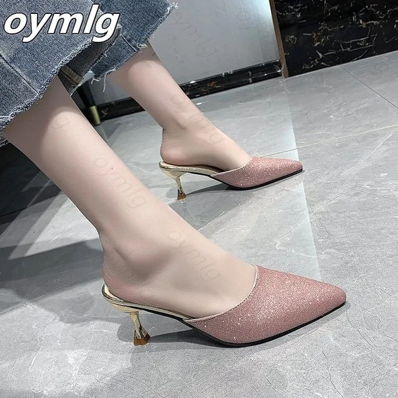 Шлепанцы без задника с открытыми пальцами Женские туфли пяток на высоких