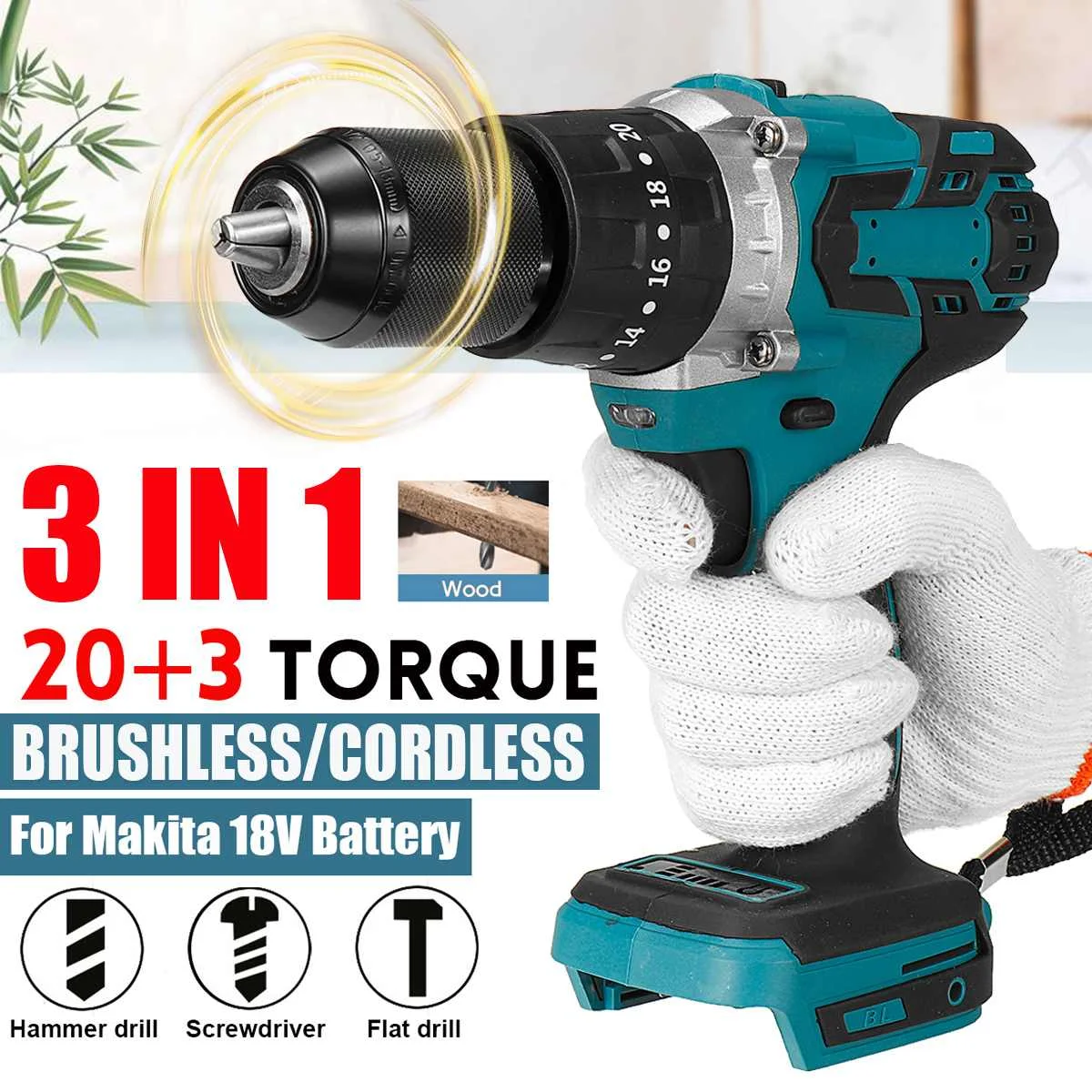 

Drillpro 3 in 1 Brushless Electric Impact Drill 13mm 20+3 Torque Cordless Electric Screwdriver Hammer for Makita 18V Battery