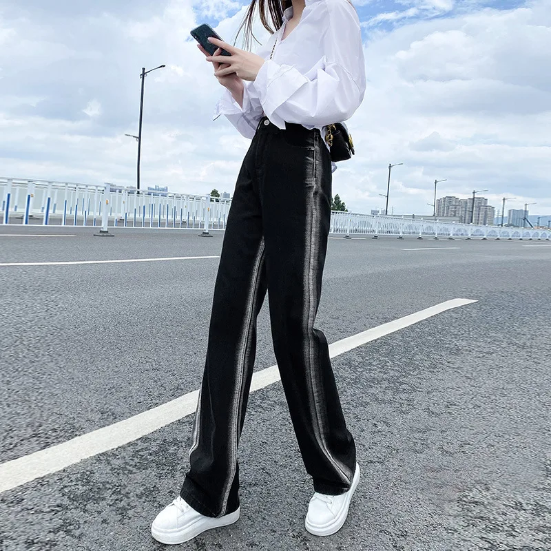 

CGC 2021 Streetwear Fashion Stripe Woman's Jeans Casual Straight Wide Leg High Waist Jeans Female Denim Pants Women Trousers