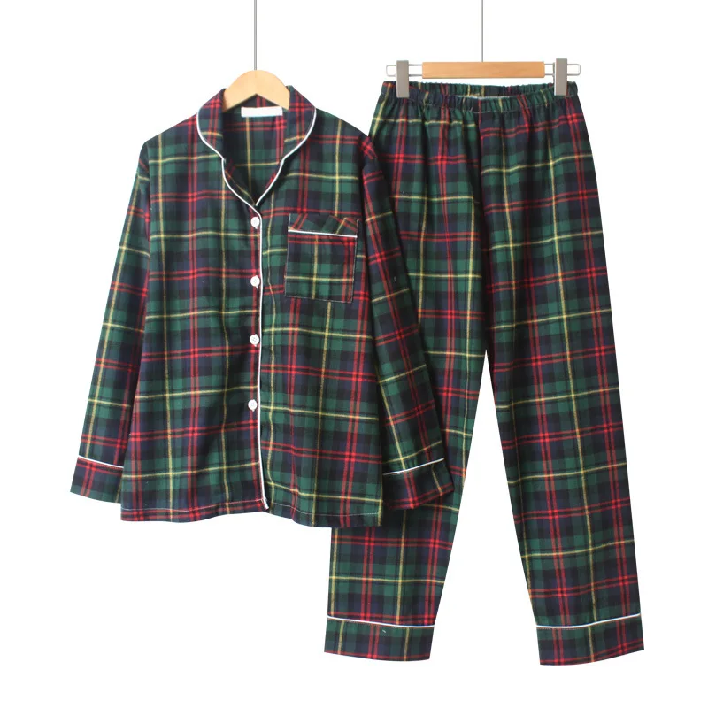 Пижама женская в клетку с длинным рукавом 100% хлопок размера плюс | Женская одежда