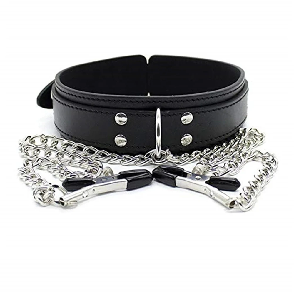 New Leather Collar With Nipple Clamp Clip Chain BDSM Bondage Gear Slave Training Sex Toys For Women Couples Adult Games Tools