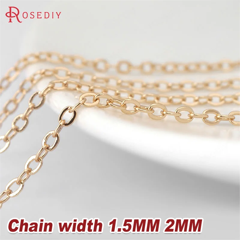 

(D106)2 Meters width:1.5mm 2mm 24K Champagne Gold Color Brass Flat Oval Chains Necklace Chains High Quality Jewelry Accessories