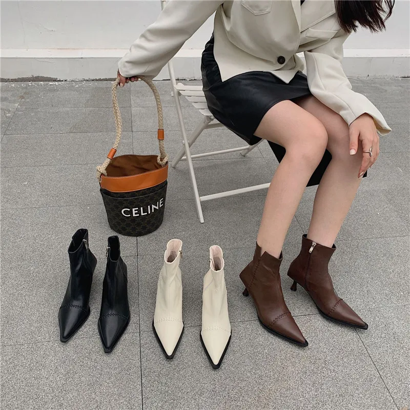 

Пикантные Ботинки на каблуке в Корейском стиле, зимняя обувь 2021 для Женщин, Модные Винтажные женские ботинки