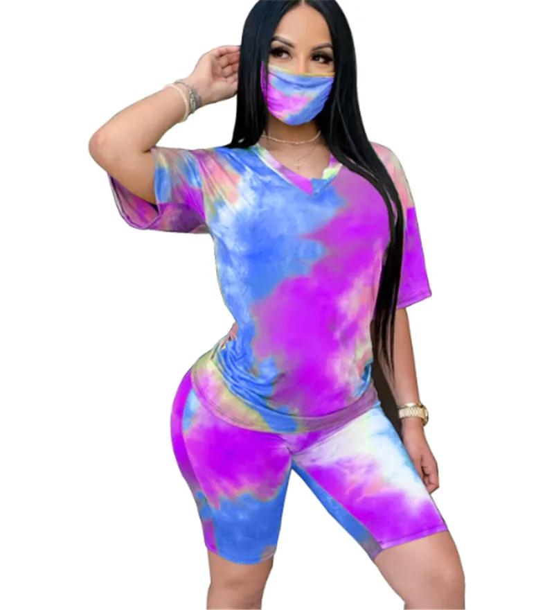 

hirigin 2020 New Women 3PPC Sets Tie Dyeing Print Clothes Sets V-neck Tops High Waist Shorts Summer Tracksuit Outfit 2 Piece Set
