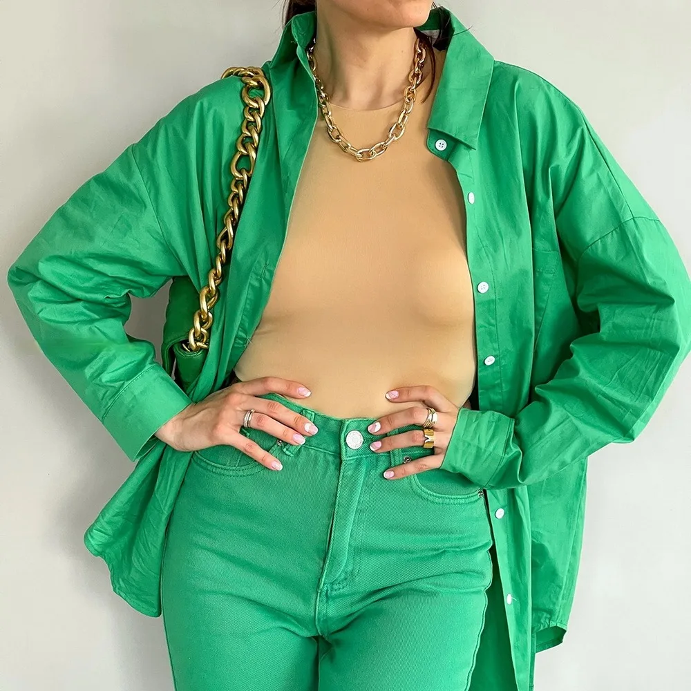 

2021 Summer Korean Chic Spring Temperament Light Green Cotton Shirt Women Loose Casual Blouse Turn-down Collar Blouse