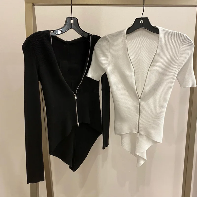 

Spring Women Sweater / Summer 2021 Irregular Cardigan Zipper Design Short Sleeve Sweater T-shirt Women