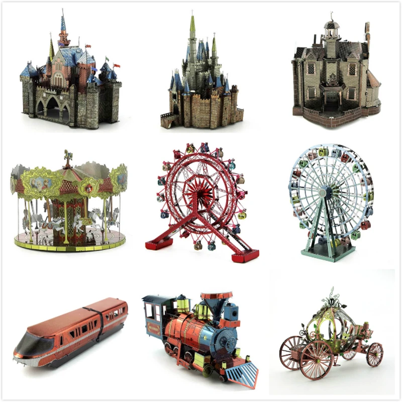 

Цветные 3D металлические головоломки с колесами обозрения, замок Золушки, парк развлечений, карусель, набор моделей машинок, Подарочная игру...