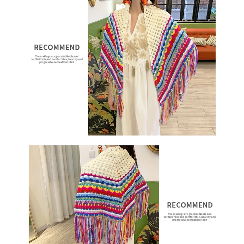 Boho Ethnic Style Handmade Crochet Scarf Shawl Tassel Women Colorful Rainbow Striped Knitted Pashmina Designer Poncho |