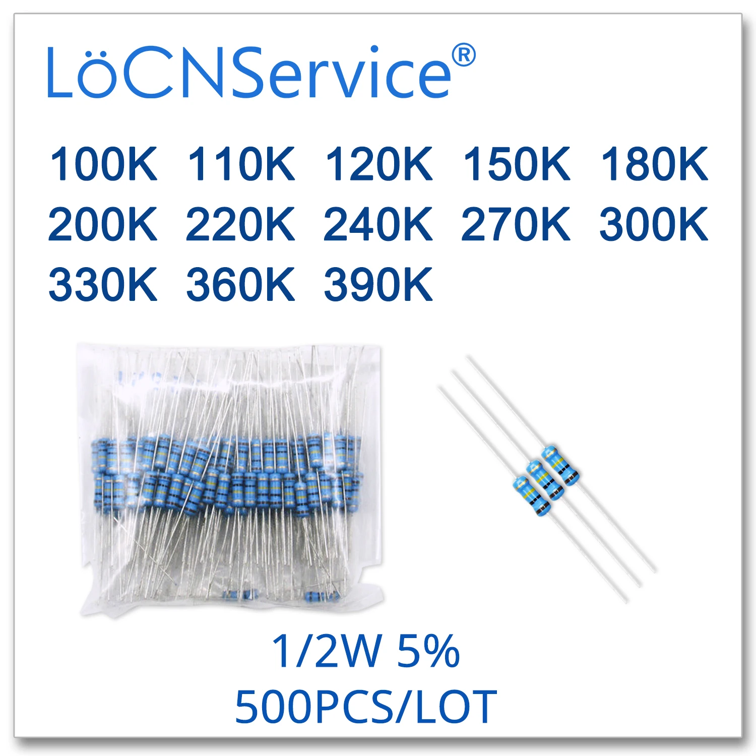 LoCNService 500 шт./лот 5% 1/2W 100K 110K 120K 150K 180K 200K 220K 240K 270K 300K 330K 360K 390K углеродная пленка DIP Ом