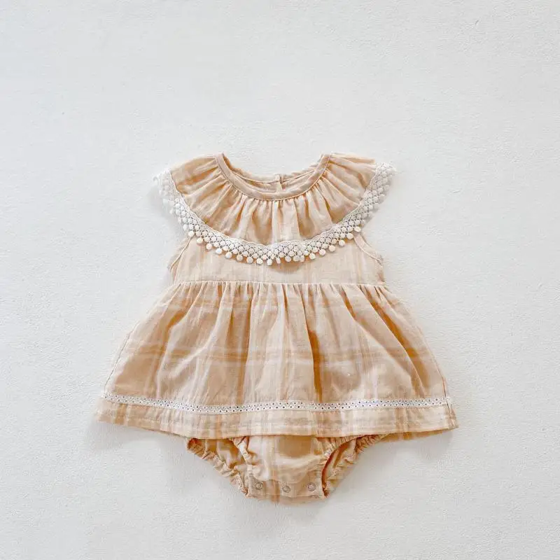 

Summer New Toddler Girl Casual Lace Ruffle Collar Sleeveless Bodysuits Fairy Baby Plaid Printed Princess Skirt Bodysuit