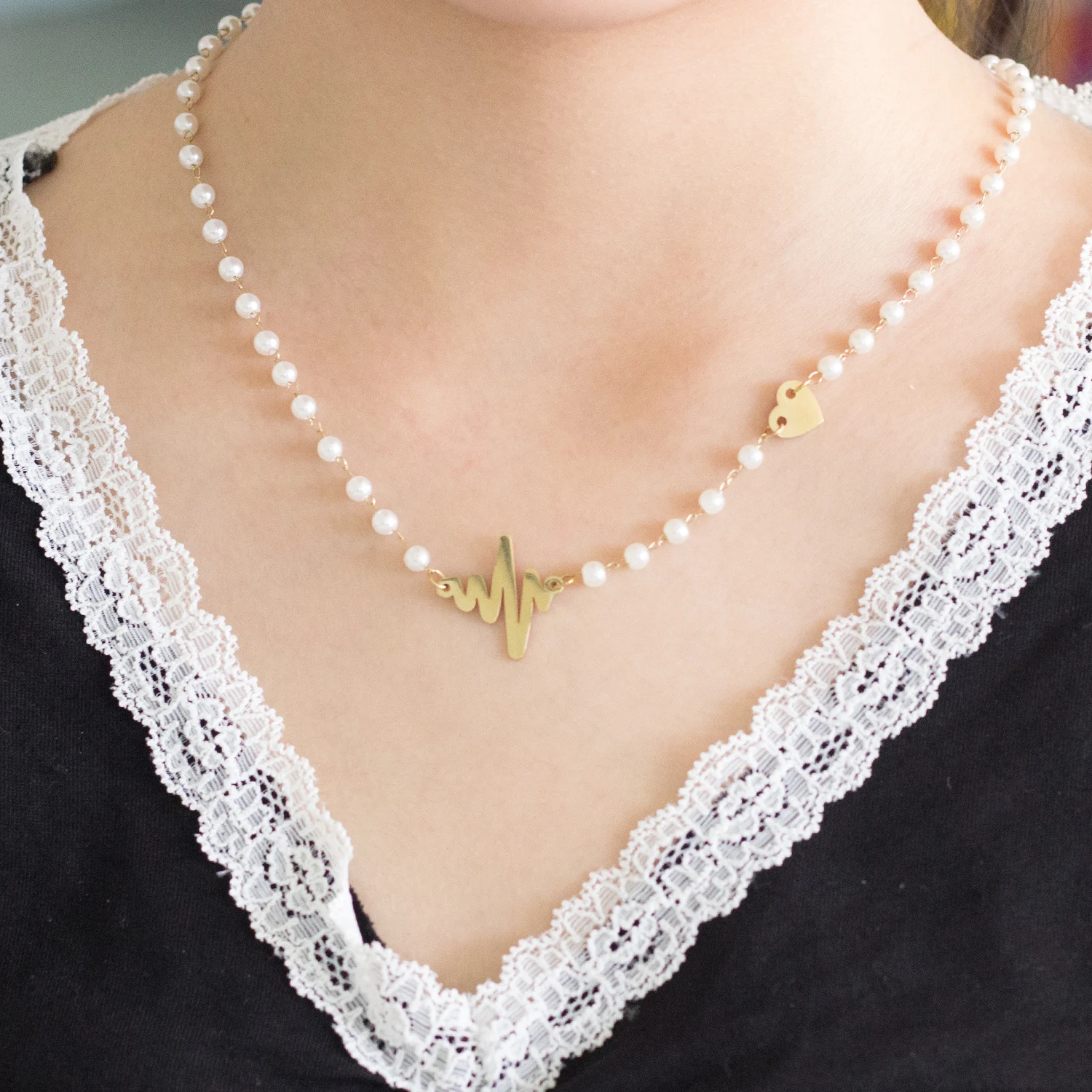 

LUXUSTEEL Love Heart Lightning Imitation Pearl Pendant Classic Style Gold Color Collars Chokers Stainless Steel Extender Chains