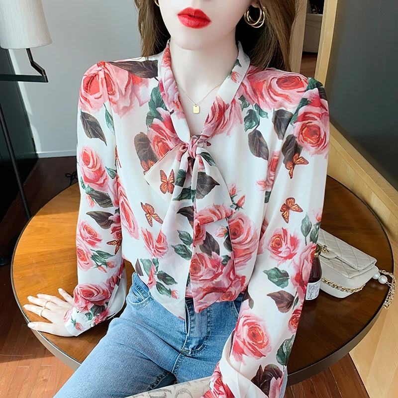 

Chikichi 2021 Spring and Autumn New French Elegant Loose Floral Bow Button Chiffon Long-sleeved Blouse Women