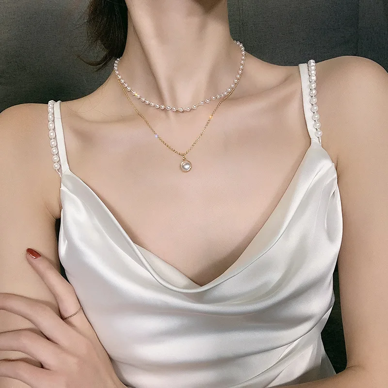 

2021 New Fashion Kpop Pearl Choker Necklace Cute Double Layer Chain Pendant Necklace For Women Jewelry Girl Gifts Korean Fashion