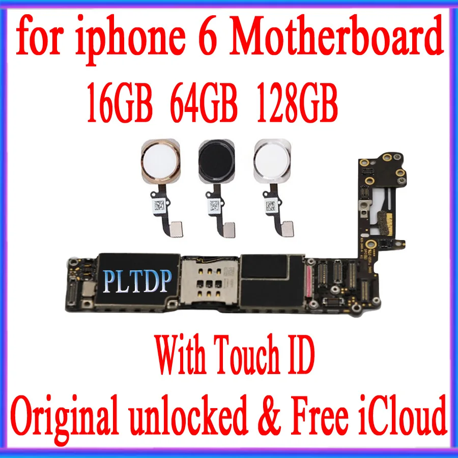 Бесплатный iCloud для iphone 6 4,7 дюймов материнская плата с Touch ID/без Touch ID, оригинальная разблокированная материнская плата 16 Гб 64 Гб 128 ГБ