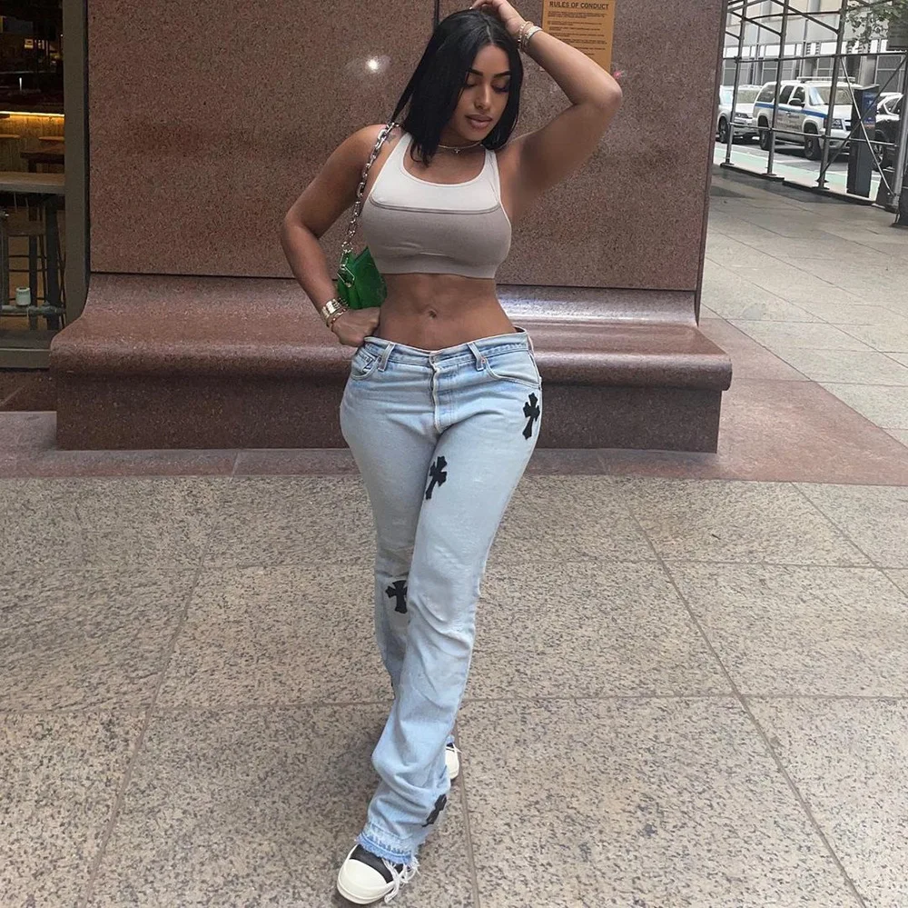 

Джинсы женские с низкой посадкой, пикантная винтажная одежда с вышивкой, модные Стрейчевые прямые брюки из денима, уличная одежда