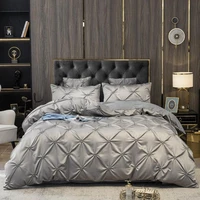 faux silk cotton fullqueen size silver gray pinch plated bedding setsatin cotton duvet cover 1 cotton bed sheet 2 pillowcases