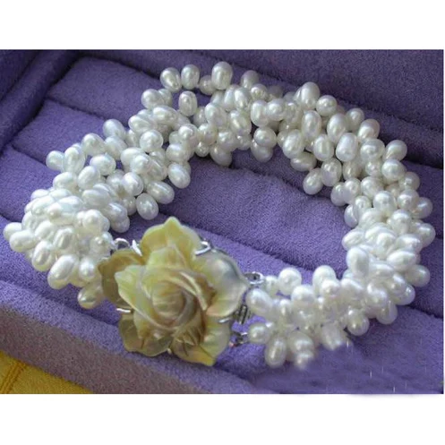 

Unique Pearls jewellery Store 4row 7mm White Rice Freshwater Cultured Pearl Bracelet Shell Flower Clasp Fine Jewelry Women Gift