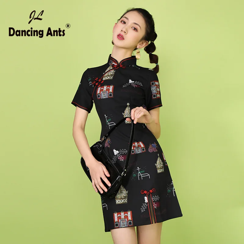 Женское облегающее платье карандаш черное в китайском стиле с принтом ретро