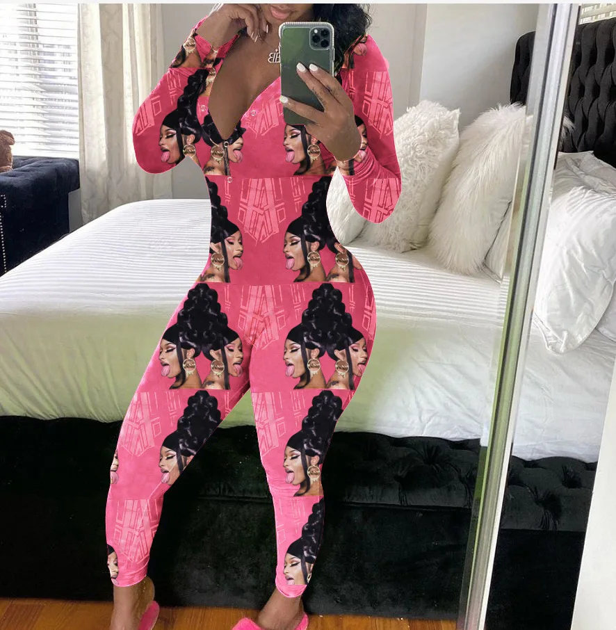 2021 Sexy Women Print Onesies Adults Long Sleeve V-neck Cartoon Pattern Pajamas Romper Lady Jumpsuit Overalls