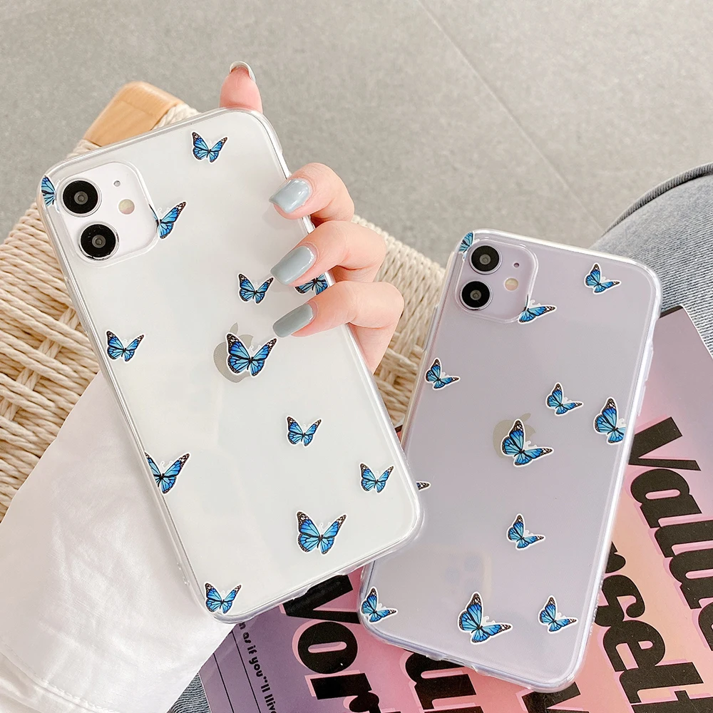 Чехол для телефона LOVECOM Blue Butterfly iPhone 12 Mini 11 Pro Max XR XS 7 8 Plus X прозрачный Ультратонкий