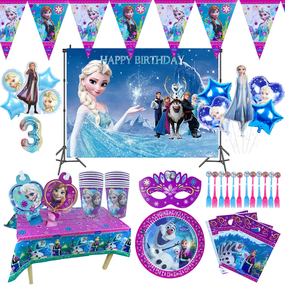 

Disney Frozen Elsa Anna Princess Girl Favor Birthday Party Decorations Tableware Paper Plate Straw Banner Balloon Party Supplies