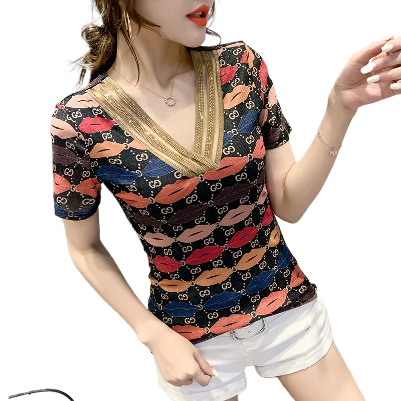 

2021 Spring-Summer New Type Korean Style Fashion Mesh Stretch Short Sleeve V-neck Bottoming Shirt T-shirt for Women