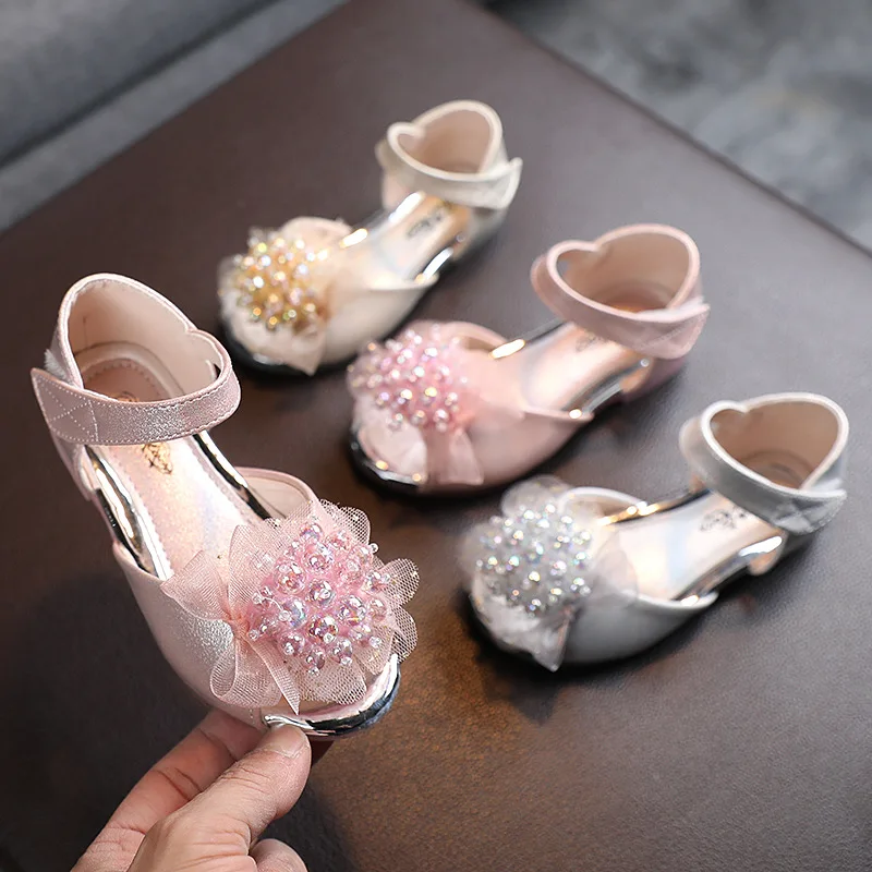 

Girls Princess Shoes Children's Fish Mouth Sandals Girls Lace Pearl Flower Crystal Soft Sandals