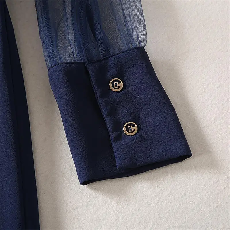 

Women Maxi Dress 2020 High Quality Spring Summer Runway Stand Collar Long Sleeves Mesh Patchwork Pleated Elegant Dresses NP0964A