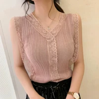 womens spring summer style tank tops womens lace v neck knitted sleeveless solid color elegant sexy slim tops dd8539