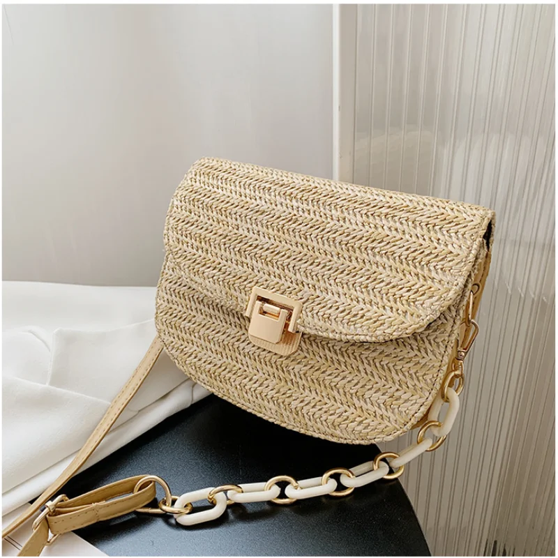 

Fashion Straw Woven 2021 New Bohemian Style Shoulder Bag Simple Personality Crossbody Bags for Women Saddle Bag