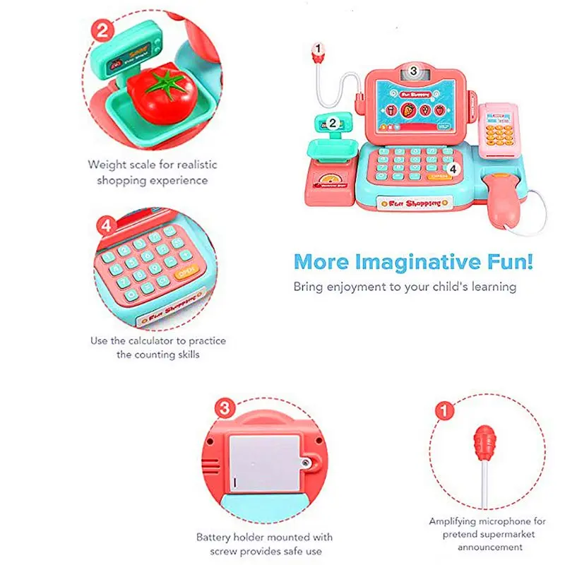 

Durable Cash Register Toy Pretend Play Educational Toy With Scanner Sound Music Microphone Calculator Play Money&Grocery Toy