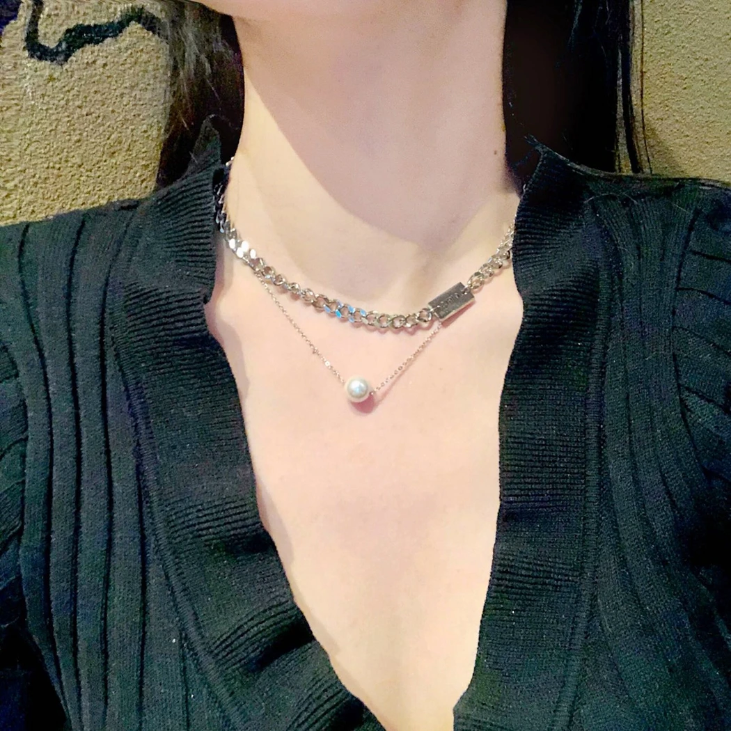

Simple Titanium Steel Layered Necklace Faux Pearl Pendant Choker Necklace Clavicle Necklace Personality Choker COSYOO