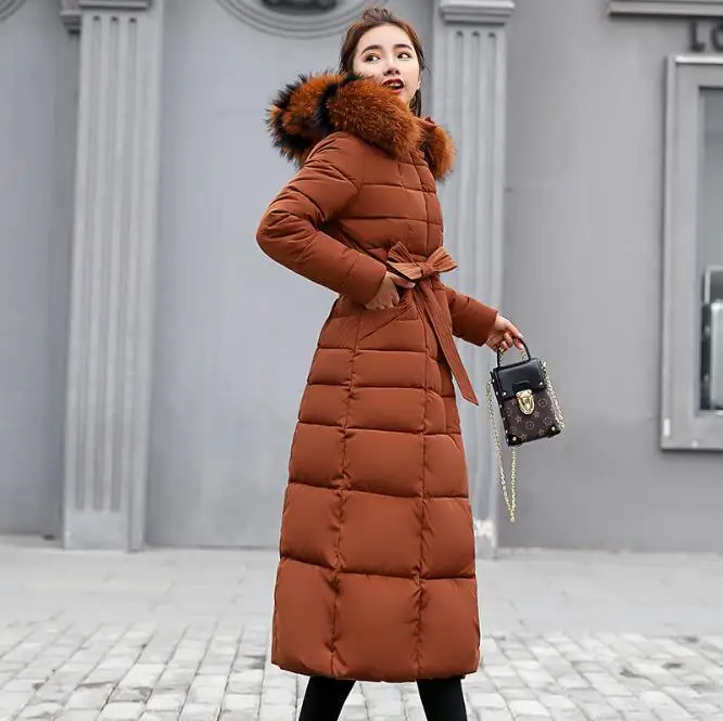 brown parka Съемный Раздельное Большой Покрытый Мехом Воротник Толстовка Капюшон Зимнее Пальто Высокая Талия Очень Длинный Пух Спуск Пальто Паровоз Стеганый Жакет Парка Женщина Подбитый Одноцветный Сплошной Цвет Простой Парка - Цвет: brown parka
